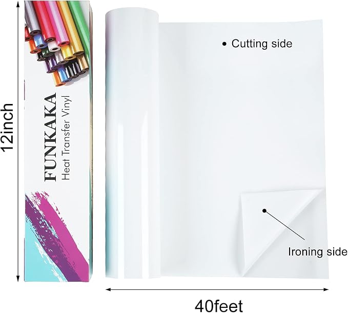 FUNKAKA White Heat Transfer Vinyl Rolls, Adhesive Glossy HTV Vinyl