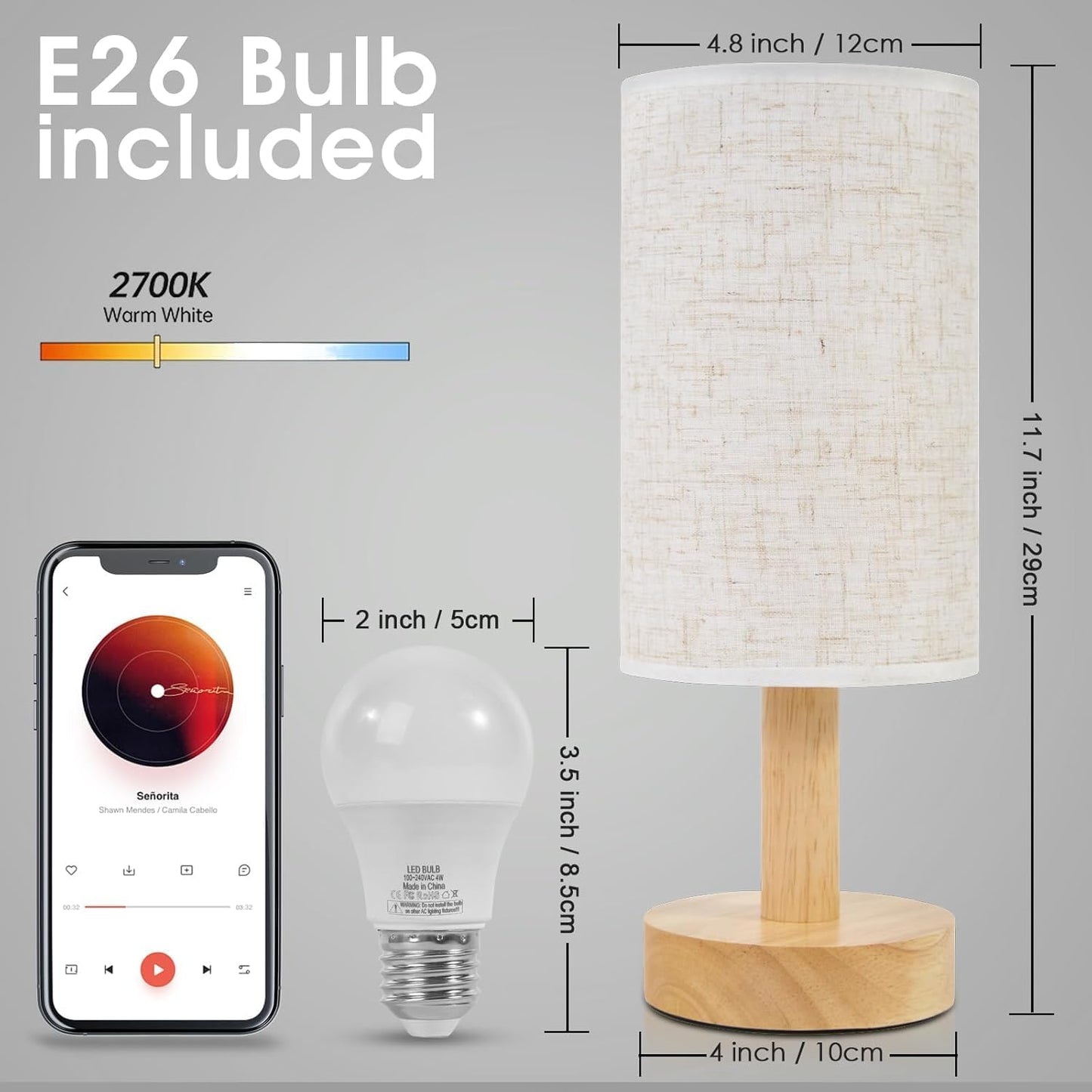 Small Bedside Table Lamps for Bedroom Set of 2,Natural Round Wood Base&Fabric Linen Shade,Cozy Night Light for Study Reading,Minimalist Boho Desk Lamp for Nightstand,Living Room,Nursery,Kitchen,Dorm