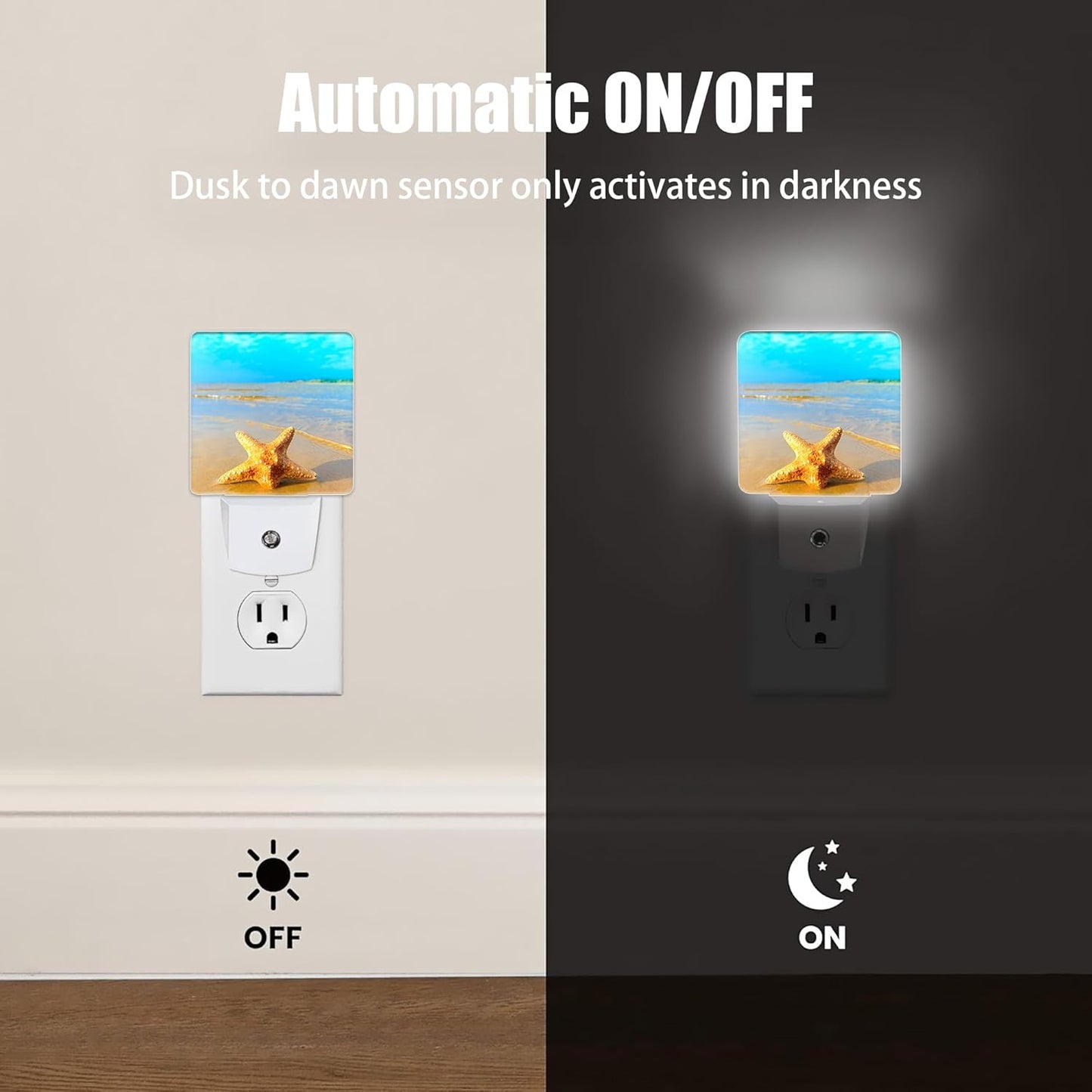Yellow Starfish on Beach Night Light, Dusk to Dawn Smart Sensor Nightlight for Bedroom Bathroom Kitchen Hallway Stairs Hallway, Plug-in, Energy Efficient Decor Desk Lamp Gifts