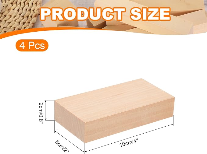 MECCANIXITY 4Pcs Basswood Carving Block, 0.8"x2"x4" Square Wooden Dowels Blocks
