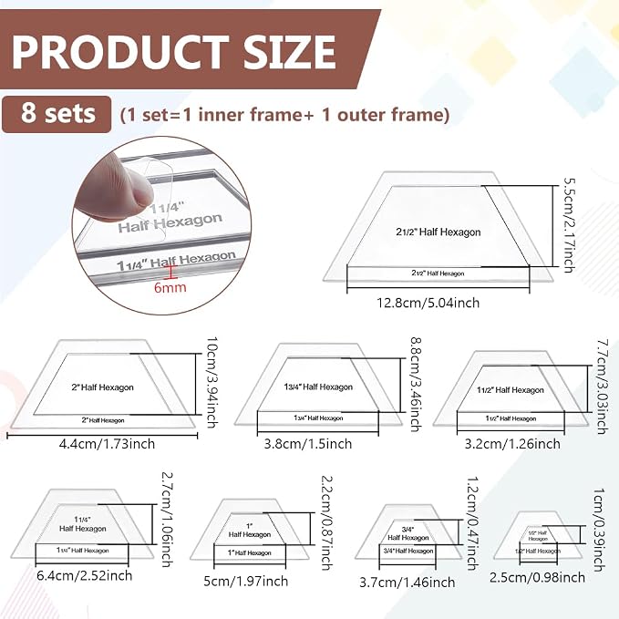 BENECREAT 16 Pcs Half Hexagon Quilting Template, Transparent Patchwork Stencil
