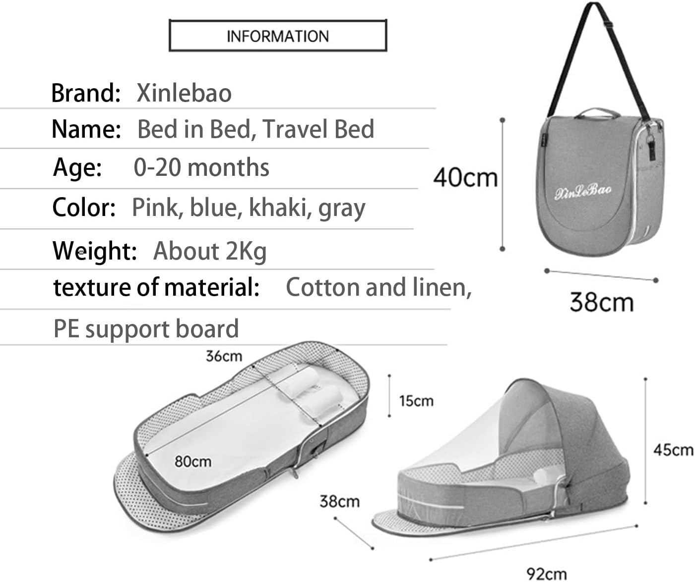 Folding Baby Travel Bassinet Portable Lightweight Travel Crib Baby Bed Co- Sleeper for Baby in Bed with Canopy and Mosquito Net (Pink, with Sunshade)