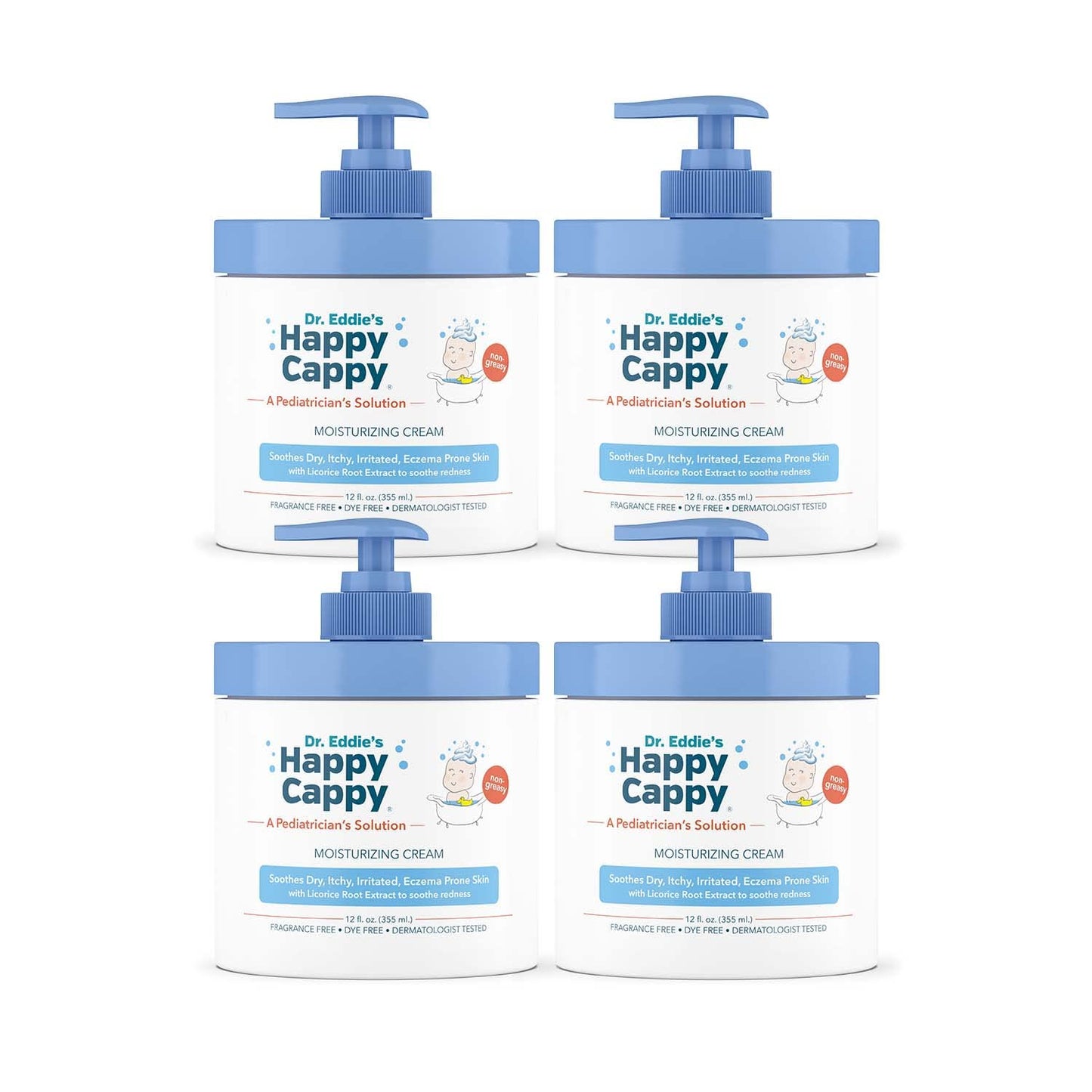 Happy Cappy Moisturizing Cream - Baby Eczema Cream, Eczema Lotion for Kids, Pediatrician-Formulated, Gentle, Paraben Free, Hypoallergenic, Soothes Dry Skin - 12 Fl Oz (Pack of 4)