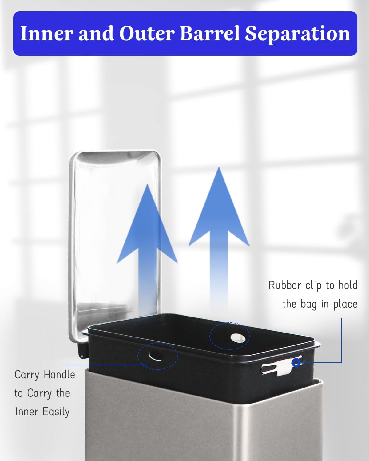 Trash Can, 2.6 Gallon Bathroom Trash Can with Lid, Stainless Steel Garbage Can with Removable Liner, 10 Liter Rectangle Step Trash Bin for Office, Bedroom, Living Room, Dorm, Kohler Grey