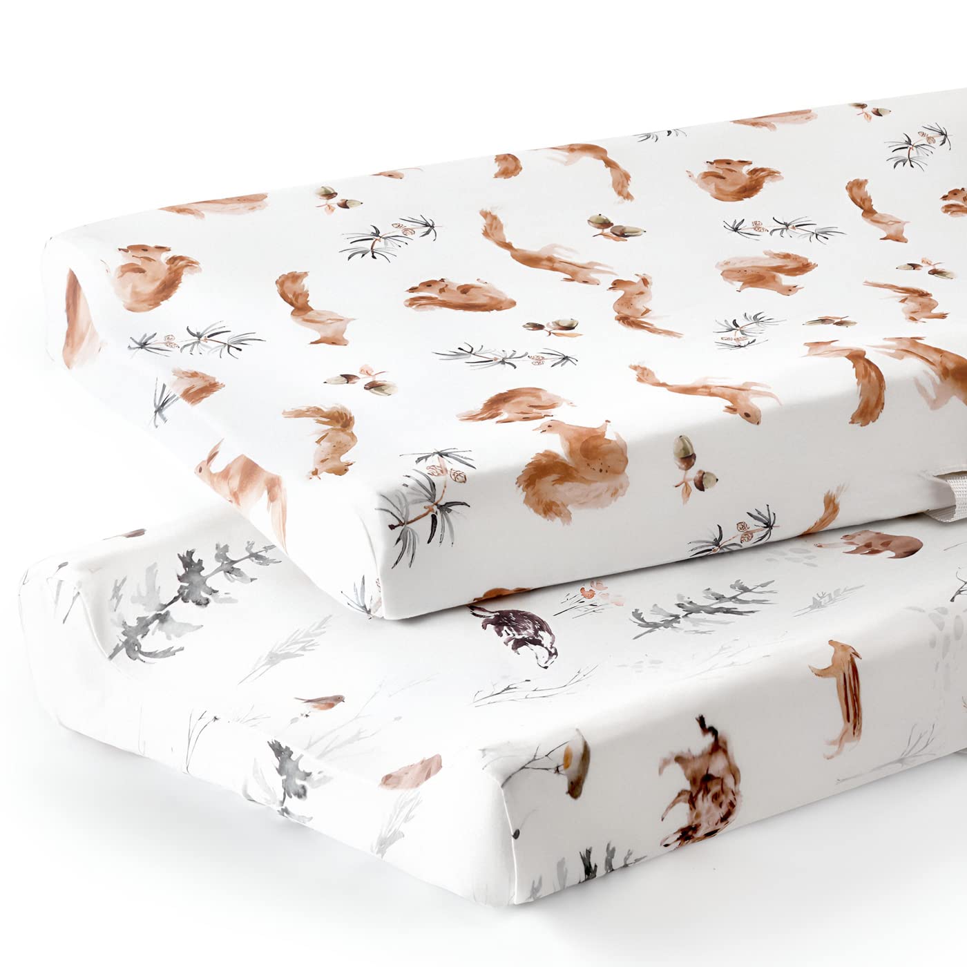 GRSSDER Stretch Ultra Soft Jersey Knit Changing Pad Cover Set 2 Pack, Change Table Pad Covers Fit 32"/34" x 16" Pads Safe and Snug, Pretty Pattern for Boys and Girls, Cute Jungle Squirrels and Animals