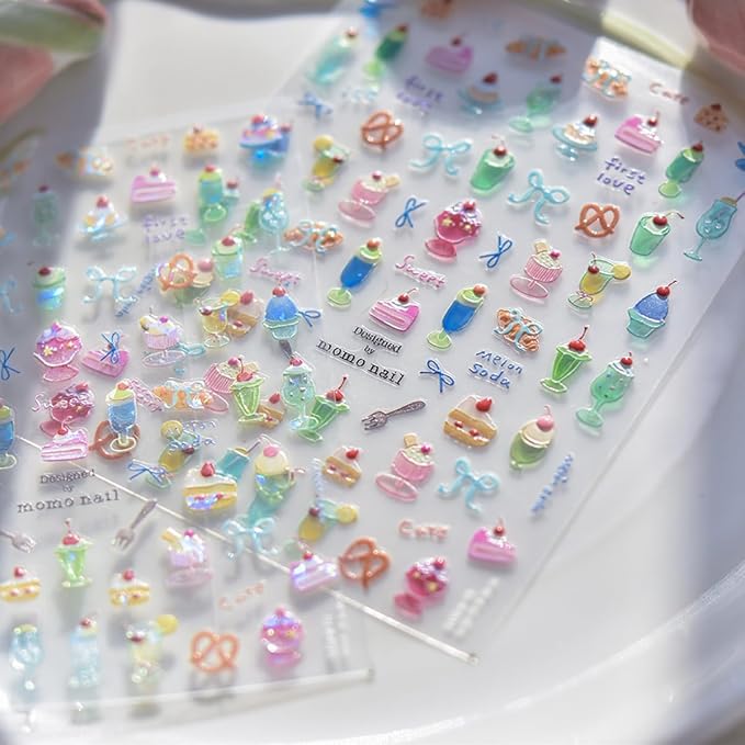 Summer Nail Art Stickers Decals Cherry Cake 5D Embossed Jelly Nail Decals 1PCS