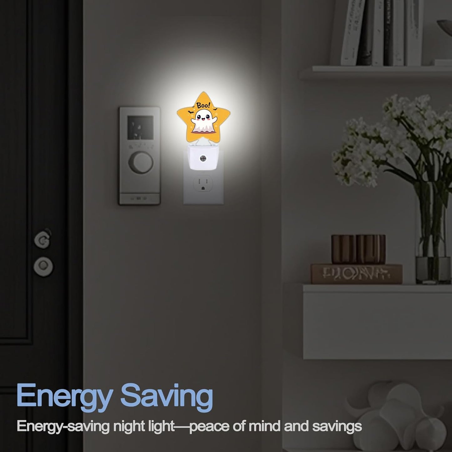 Cute Ghost Nightlight,Halloween Bat Star Night Lights Plug into Wall Decorations for Bedroom Bathroom,Dusk to Dawn Sensor Kitchen Hallway Stairs Energy Efficient Desk Lamp