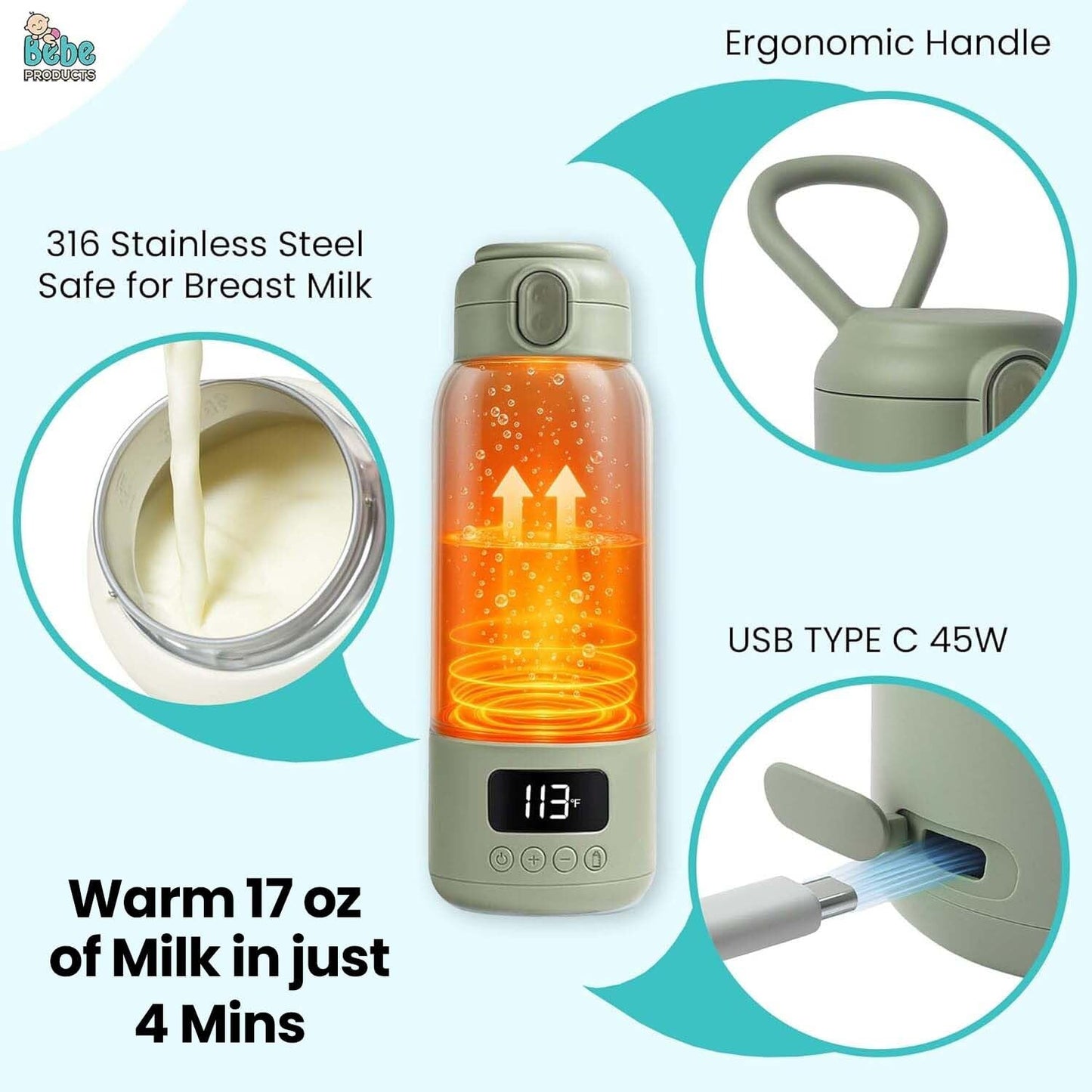 Portable Bottle Warmer for Travel 17oz, 45W Fast Charge, Long Battery Life, 316 Stainless Steel, LED Display, Fast Heating, Precise Temp Control, Safety Lock Cordless, Perfect for Indoor & Outdoor Use