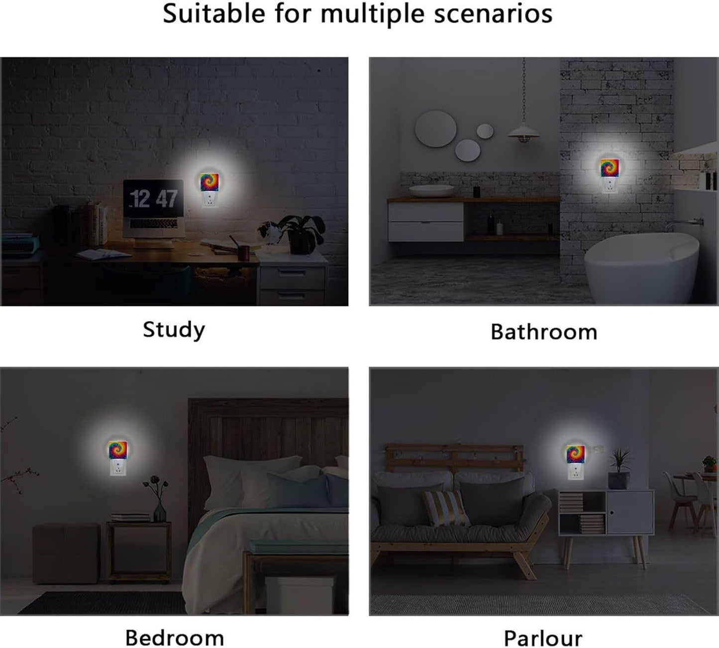 Aslsiy Night Light for Kids Bright Rainbow Spiral Tie Dye (2) Plug in Wall Lamp LED Dusk to Dawn Sensor Energy Saving Nightlight for Boys Girls Men Women