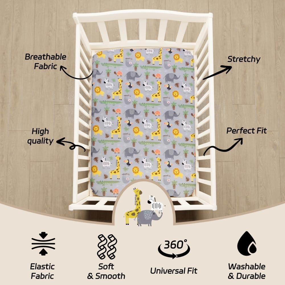 4 Pack Safari Jungle Animals Neutral Unisex Fitted Nursery Baby Sheets Set Toddler Mattress Sheets for Baby Boys or Girls (Crib Sheets)