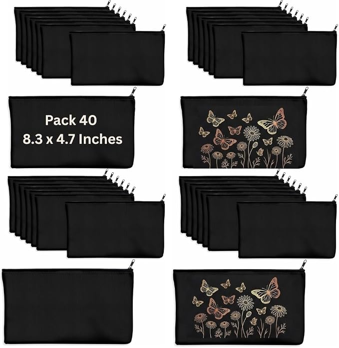 40 PCs 8.3x4.7 Black canvas Zipper Pouch, Makeup Bags Bulk Pencil Pouch