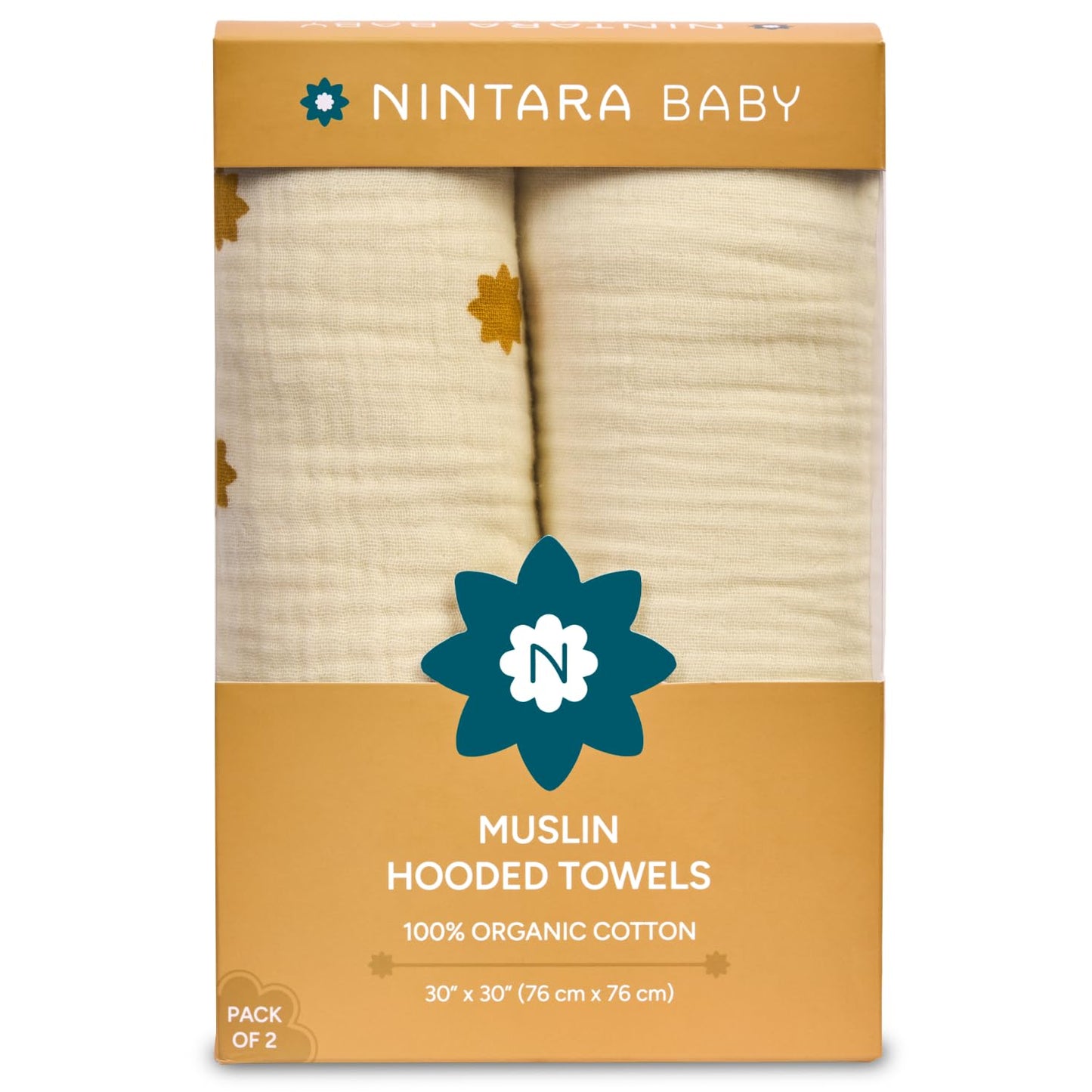Hooded Towel - 100% Organic Premium Muslin Cotton, 30" x 30", Ultra-Absorbent, Soft, Breathable, Hypoallergenic, Multipurpose, Gifts for Babies & Infants, Pack of 2