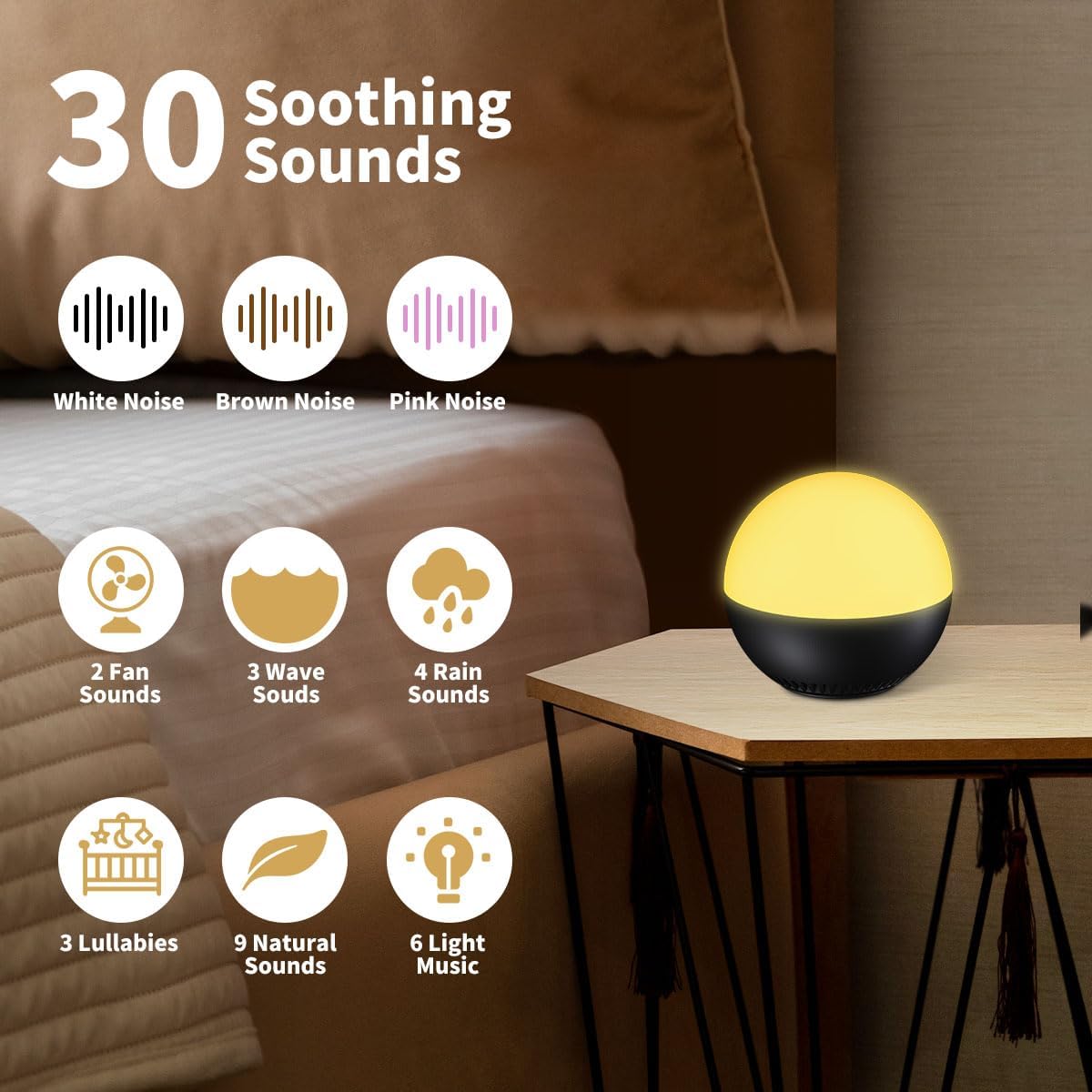 Portable Small Sound Machine Baby Night Light White Noise Machine with 12 Color Night Lights 30 Soothing Sounds Auto-Off Timer Adjustable Brightness for Baby Kids Adult & Home Office and Travel