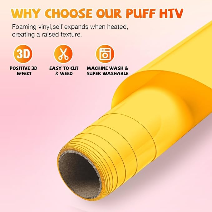 VinylRus Yellow Puff Vinyl Heat Transfer -12” x 6ft Puffy 3D Iron on Vinyl