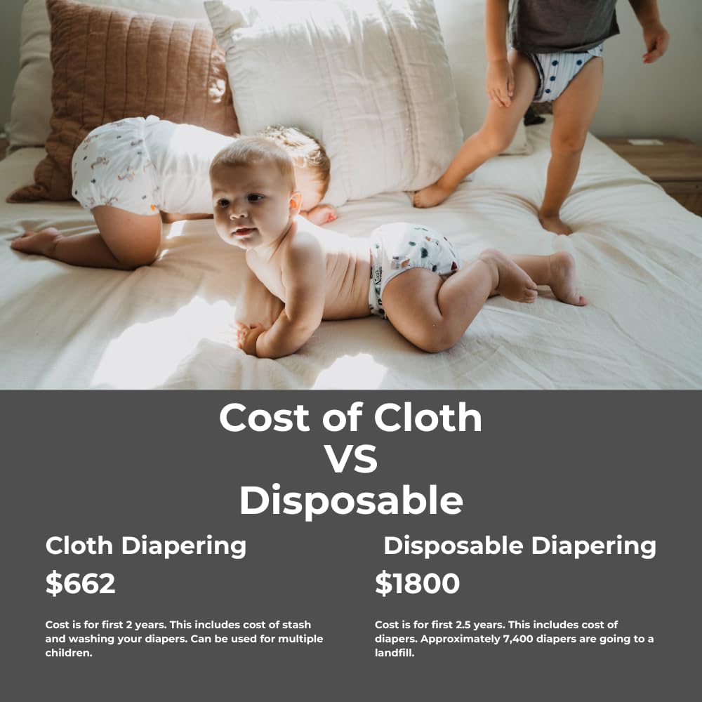Nora's Nursery Cloth Diapers 7 Pack with 7 Inserts & 1 Wet Bag - Waterproof Cover, Washable, Reusable & One Size Adjustable Pocket Diapers for Newborns and Toddlers - Oasis