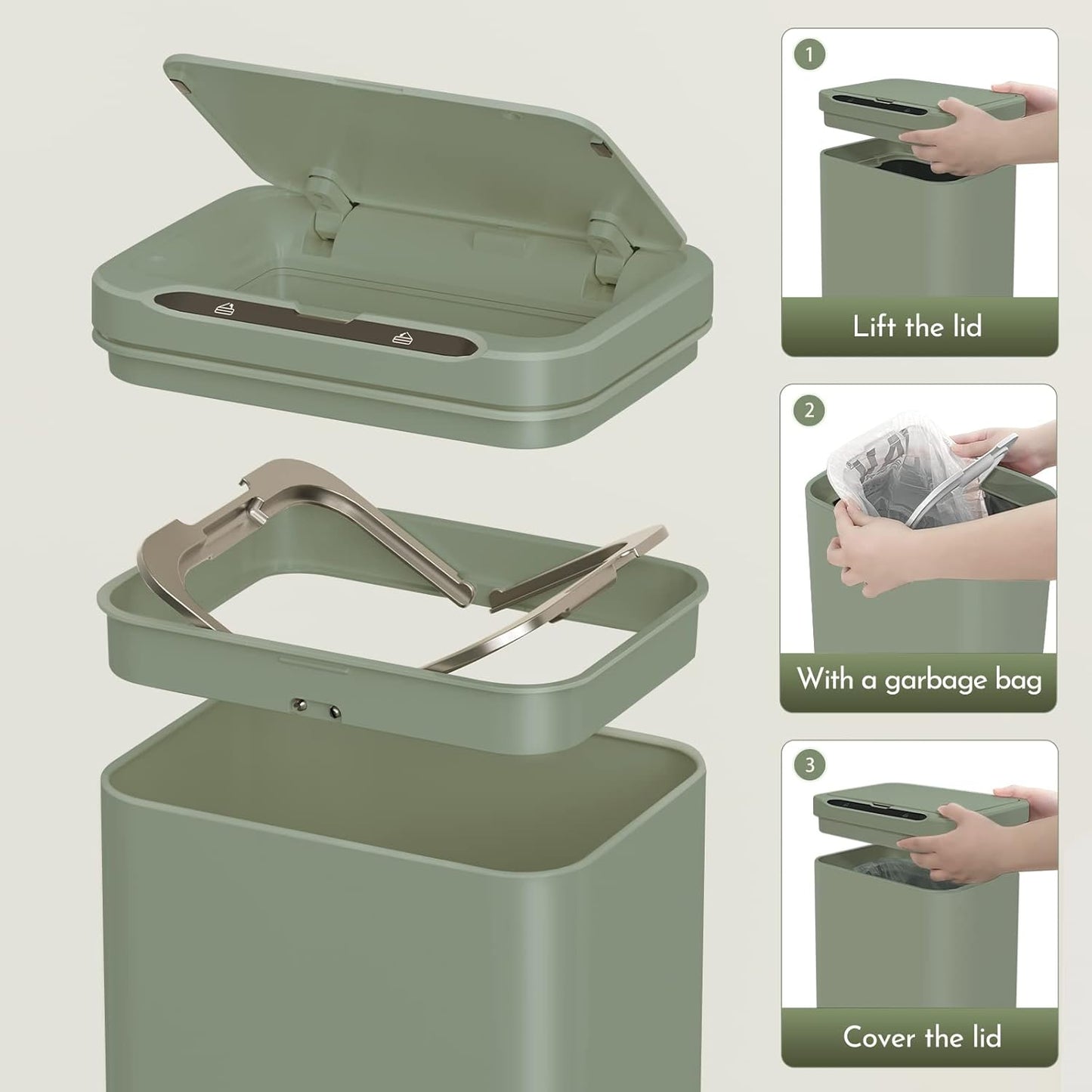 ELPHECO Stainless Steel Office Trash Can 6.6 Gallon Motion Sensor Garbage Bin Rectangular Automatic Touch Free Waste Bin for Hotel and Living Room, Avocado Green, 2AA