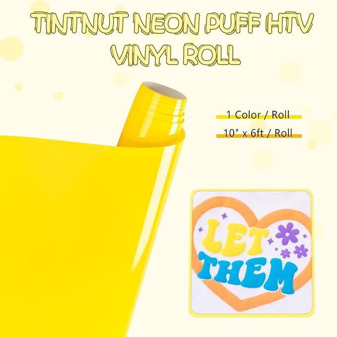 Tintnut Summer Yellow Neon Puff HTV Vinyl Roll, easy cut & weed, stretch