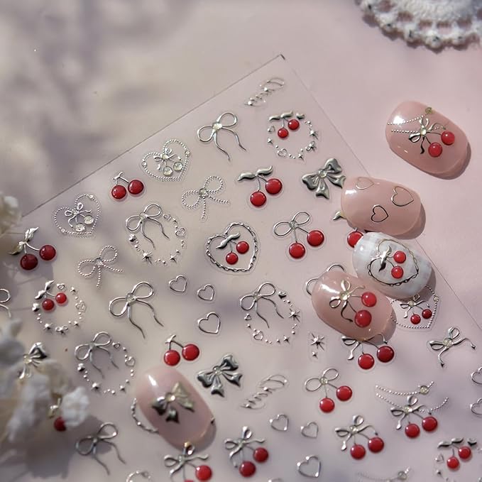 Cherry Nail Art Stickers Summer Cherry Nail Stickers 5D Embossed Gold Cherries