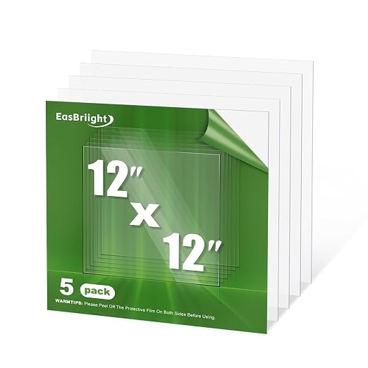 5-Pack of 12×12"×0.02" PET/Plexiglass Sheets, Transparent Flexible Plastic
