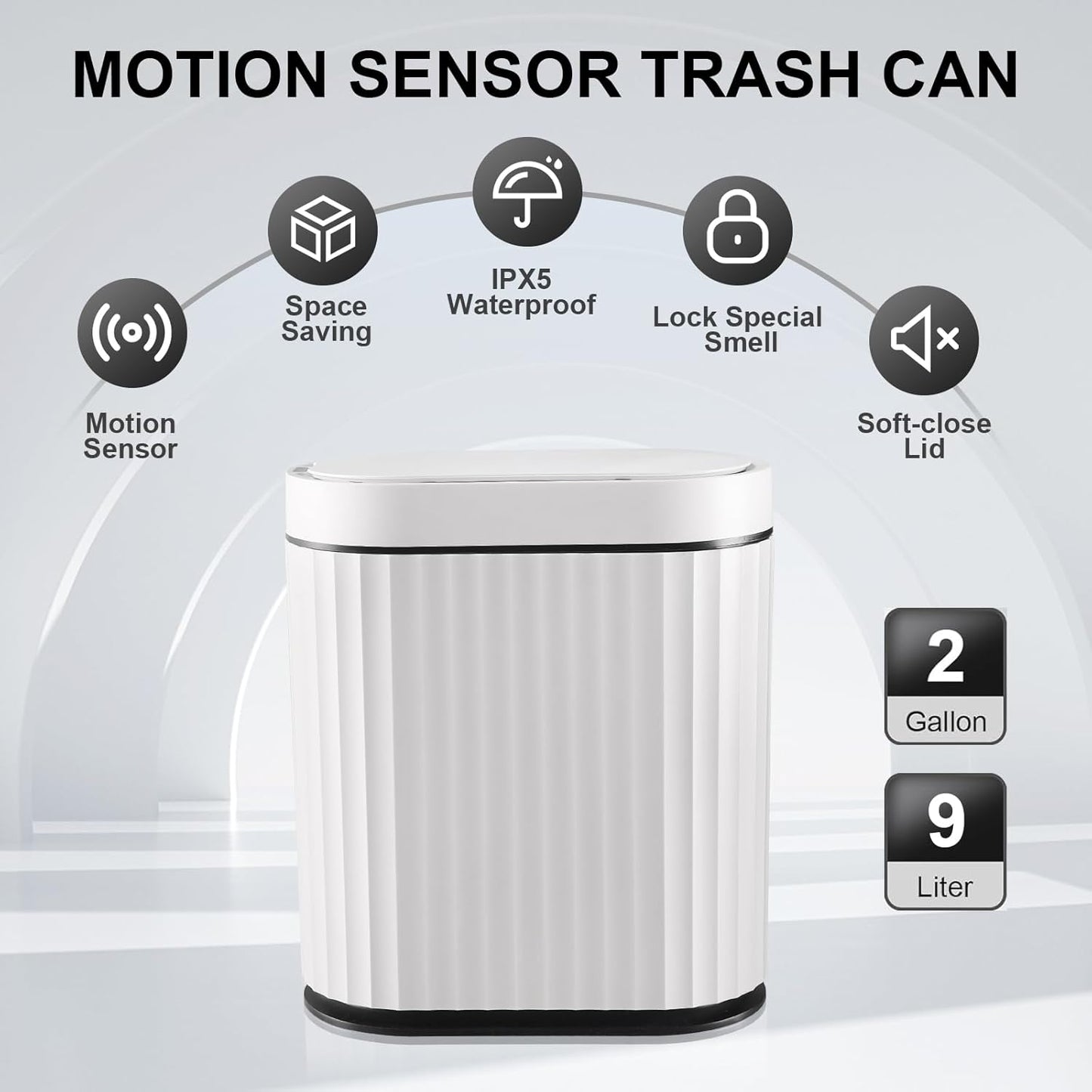 ELPHECO Bathroom Trash Can with Lid 2 Gallon Small Sensor Garbage Can, 9 Liter Slim Smart Trash Bin, Waterproof Automatic Wastebasket, Narrow Plastic Garbage Bin for Bathroom, Black and White