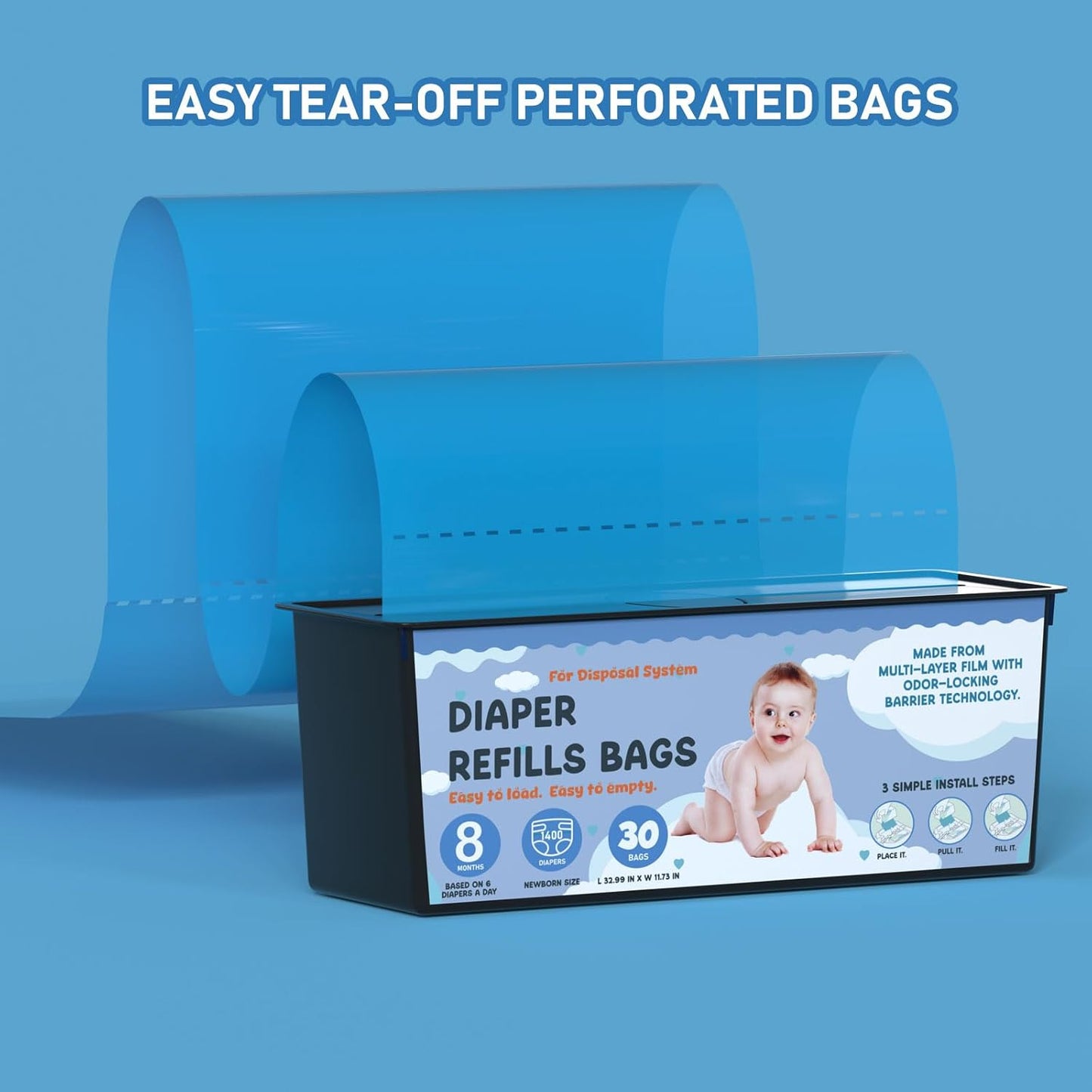 Diaper Pail Refills Bags with 30 Bags Compatible with Genie Easy Roll Signature Diaper Pails and Platinum Diaper Pails, Lasts Up to 8 Months, 7-Layer Odor-Barrier Technology, 4 Pack (120 Bags)