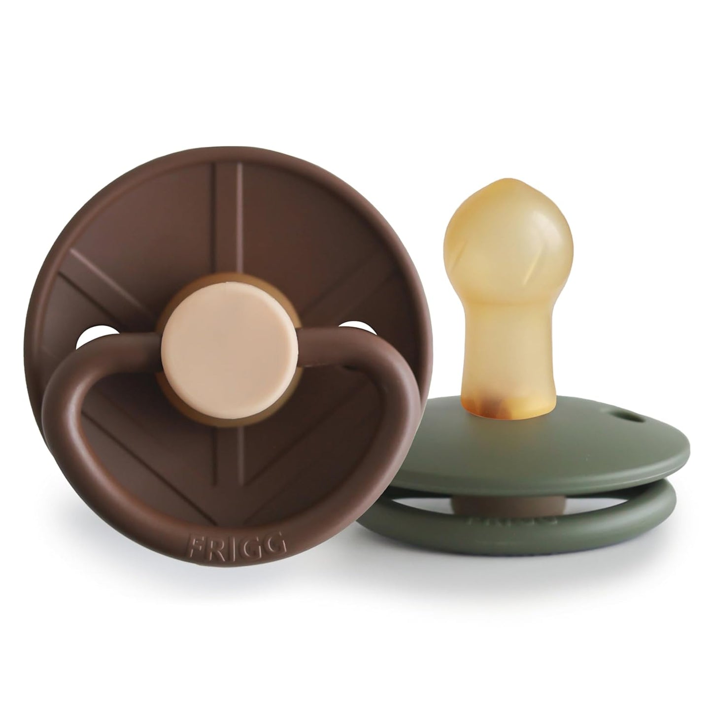 FRIGG Little Viking Natural Rubber Baby Pacifier 2-Pack | Made in Denmark | BPA-Free (Cocoa/Olive, 0-6 Months)