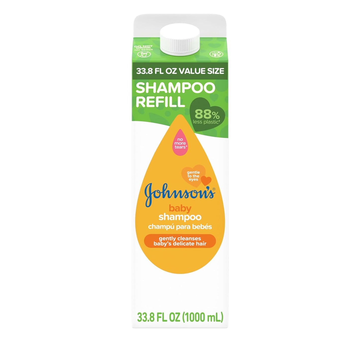 Johnson's Baby Shampoo, Hypoallergenic, No More Tears for Baby's Delicate Scalp & Skin, Gently Washes Away Dirt & Germs, Paraben-Free, Value Size Baby Shampoo Refill, 33.8 fl. oz