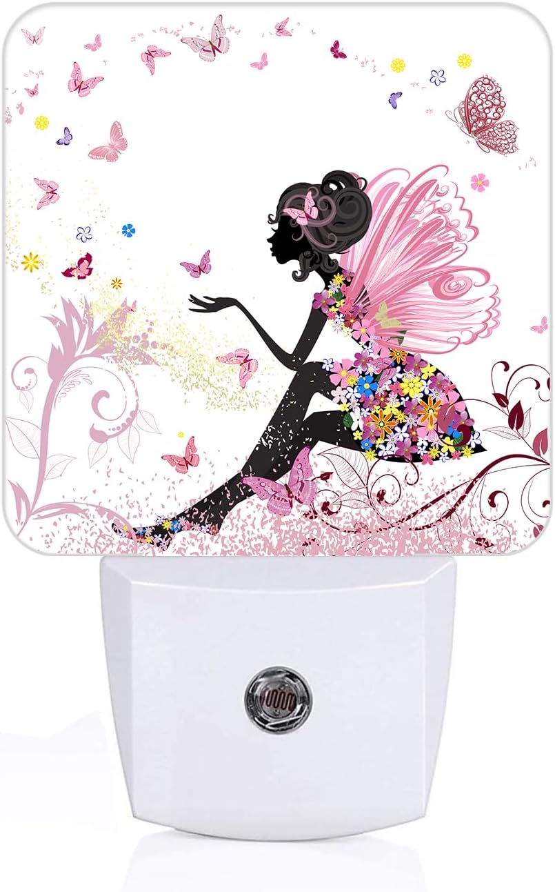 Pink Beautiful Women Butterfly Night Light,Plug Into Wall with Dusk to Dawn Light Sensors, Warm Nightlights for Bedroom, Bathroom, Hallway, Kitchen, Gifts Ideal for Boys Girls Women Men