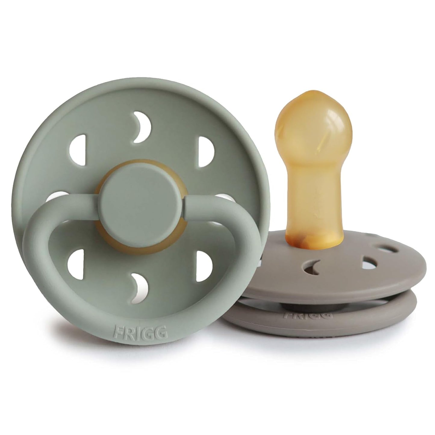 FRIGG Moon Natural Rubber Baby Pacifier | Made in Denmark | BPA-Free (Sage/Portobello, 6-18 Months) 2-Pack