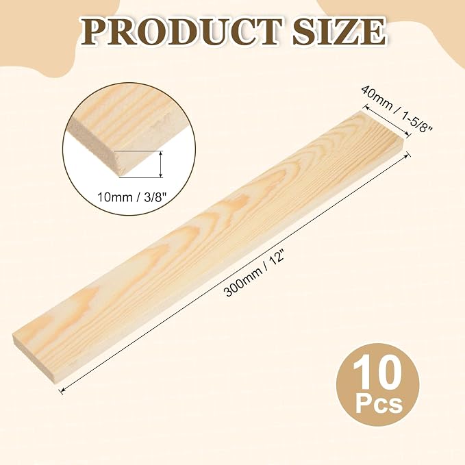 MECCANIXITY 10Pcs Wood Strips Slats, 3/8" x 1‑5/8" x 12" Thin Wood Sticks Flat