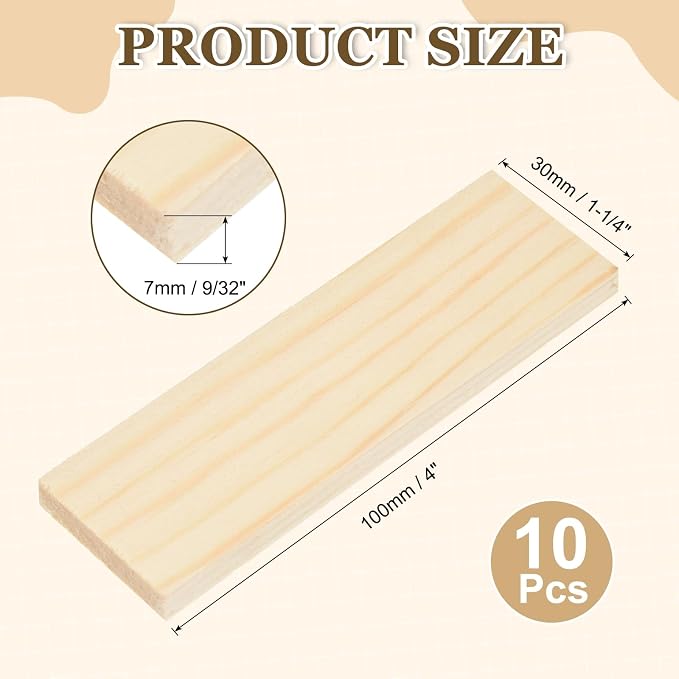 MECCANIXITY 10Pcs Wood Strips Slats, 9/32" x 1‑1/4" x 4" Thin Wood Sticks Flat