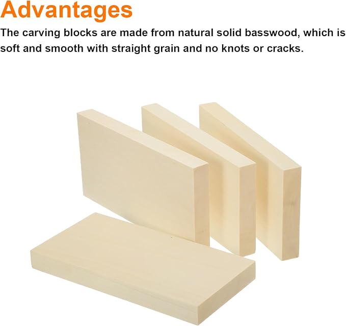 MECCANIXITY 4Pcs Basswood Carving Block, 0.8"x4"x8" Square Wooden Dowels Blocks