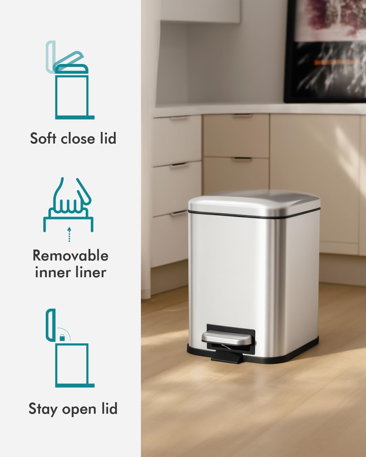 Bathroom Trash Can with Lid, 6 Liter / 1.6 Gallon Small Trash Can with Removable Liner Bucket, Soft Close lid & Step Pedal, Silver Stainless Steel Garbage Can for Bedroom, Office, Dorm