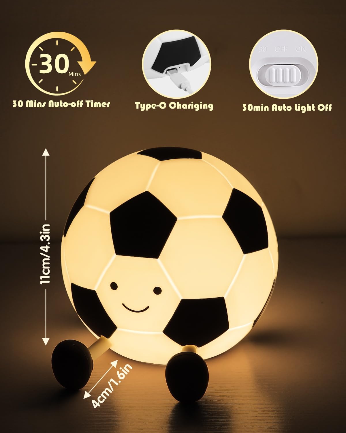 YISUN Soccer Night Light for Boys Light Up Football Lamp Dimmable Rechargeable Silicone Night Light Home Decor Birthday Christmas Gifts for Kids