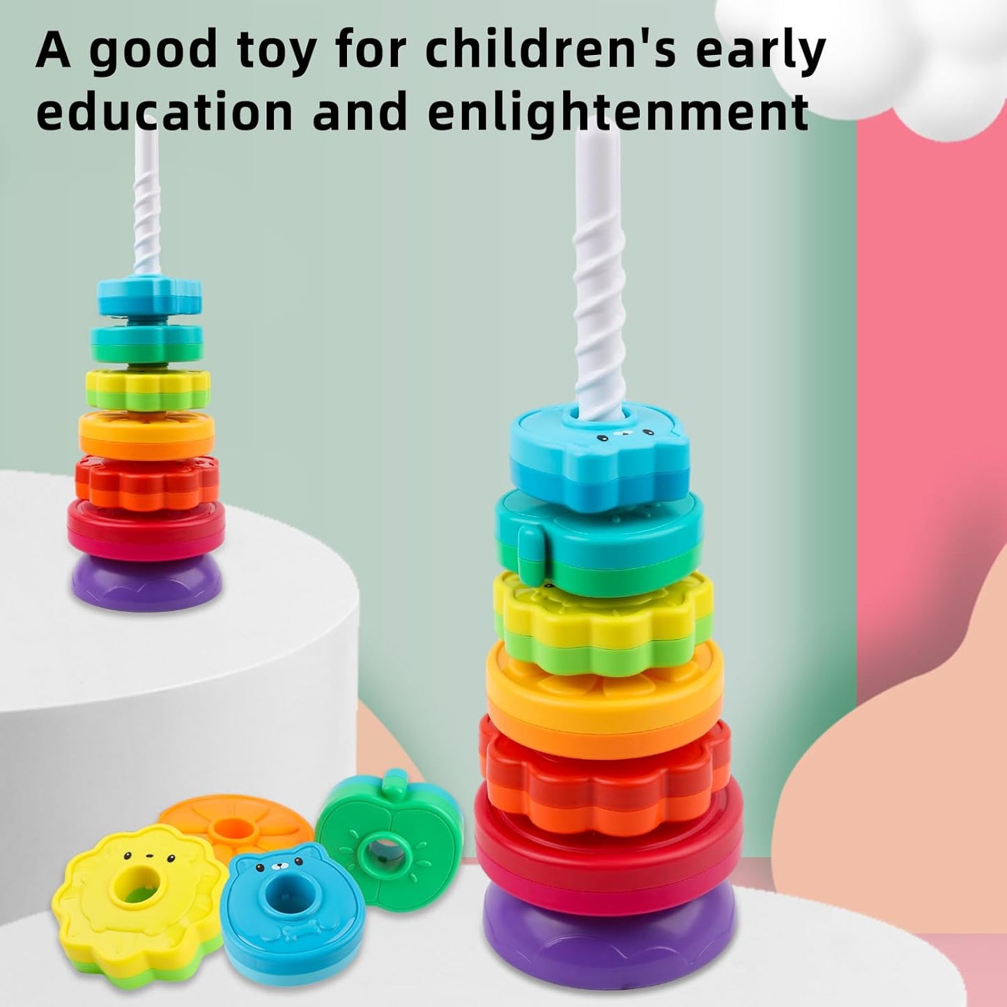 Spinning Stacking Toys for Babies 12+ Month Rainbow Ring Flowers Animals Fruits Theme Stacker ABS Toys for Toddlers 1-3 Montessori Educational Learning Sensory Toy,Stacking Toy for Kids