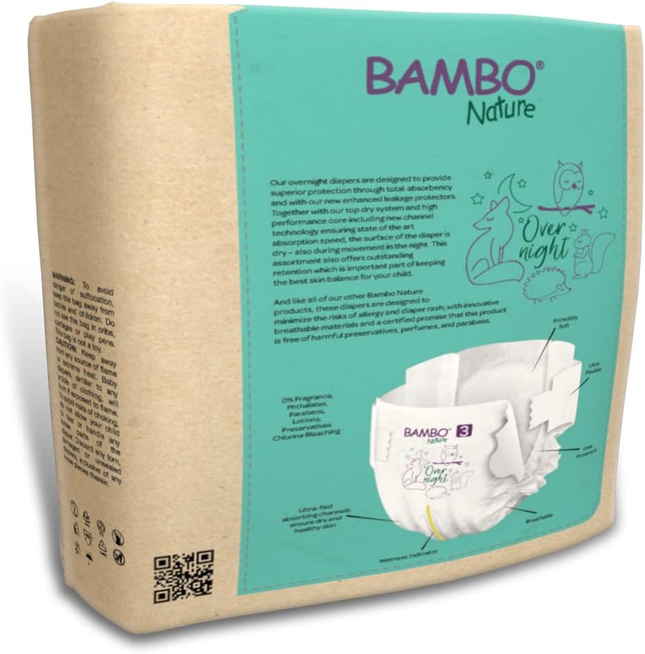 Bambo Nature Hypoallergenic Overnight Baby Diapers, Eco-Labelled Overnight Diapers, Totally Chlorine-Free, Skin Friendly, Super Absorbent - Size 3 (26 Count)