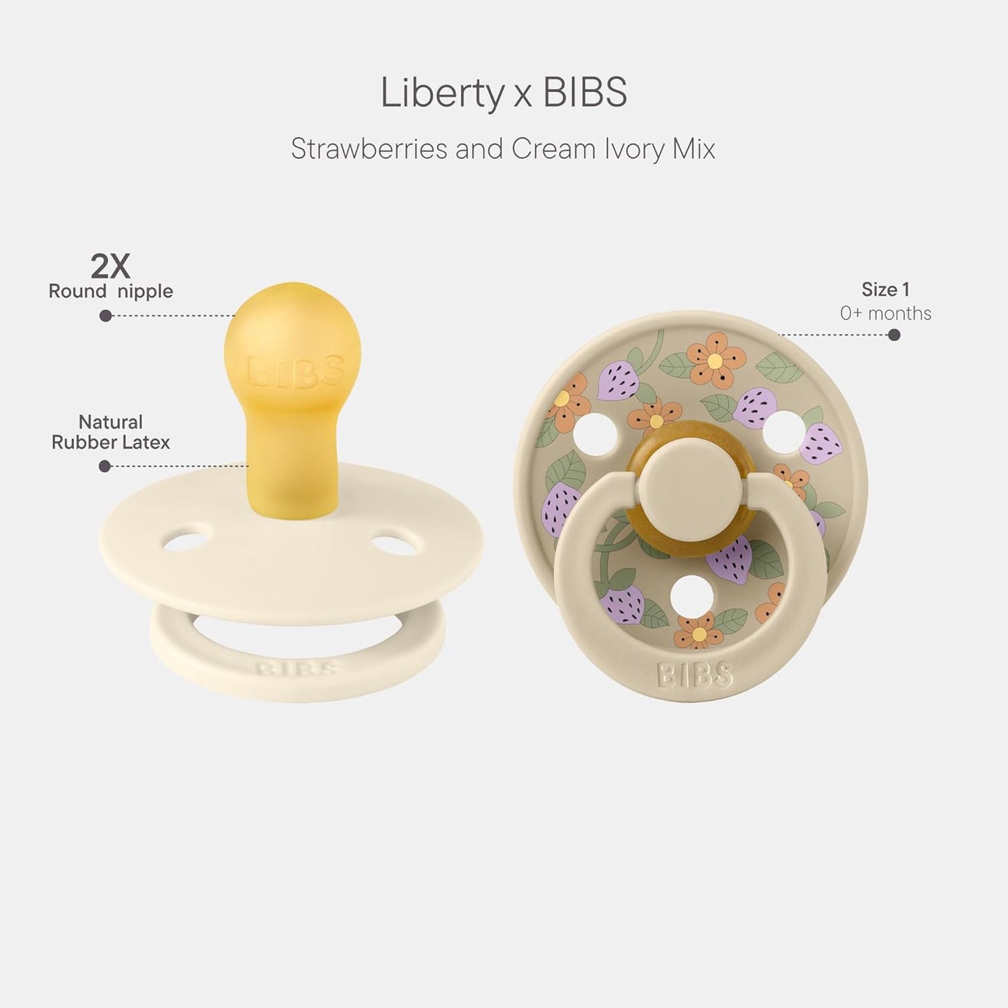 BIBS Colour Liberty Soother 2-Pack, BPA Free Dummy Pacifier, Round Nipple. Natural Rubber Latex, Made in Denmark, Size 1 (0-6 Months), Strawberries and Cream Ivory Mix