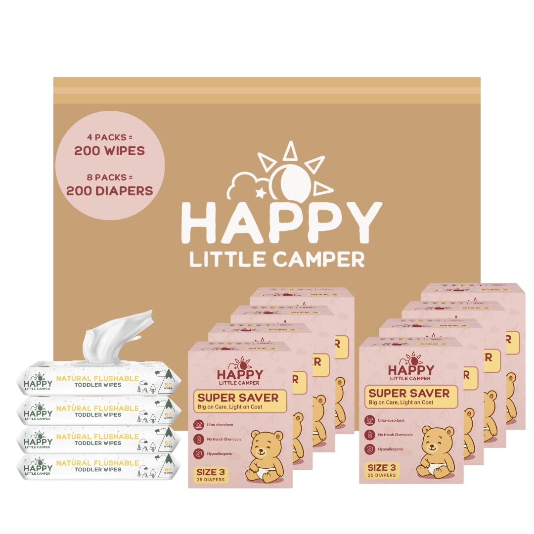 Happy Little Camper Ultra-Absorbent Super Saver Baby Diapers Size 3 - Hypoallergenic, Unscented & Chlorine-Free Disposable Diapers (200 Count) Come with Flushable Wipes (200 Count) for Sensitive Skin