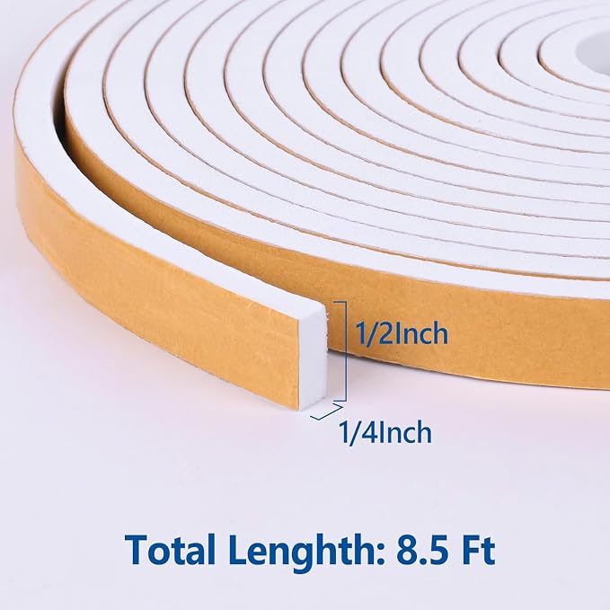 Kikerike Self Adhesive Foam Tape Weatherstrip 1/2in x 1/4in x 8.5Ft High