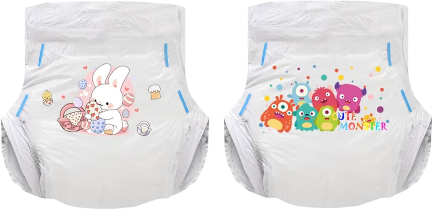 Landofgenie Adult Diapers with Tabs Unisex Overnight High Absorbency Diapers Pack of 2 (Medium 28"-38") - Happy Bunny and Little Monster