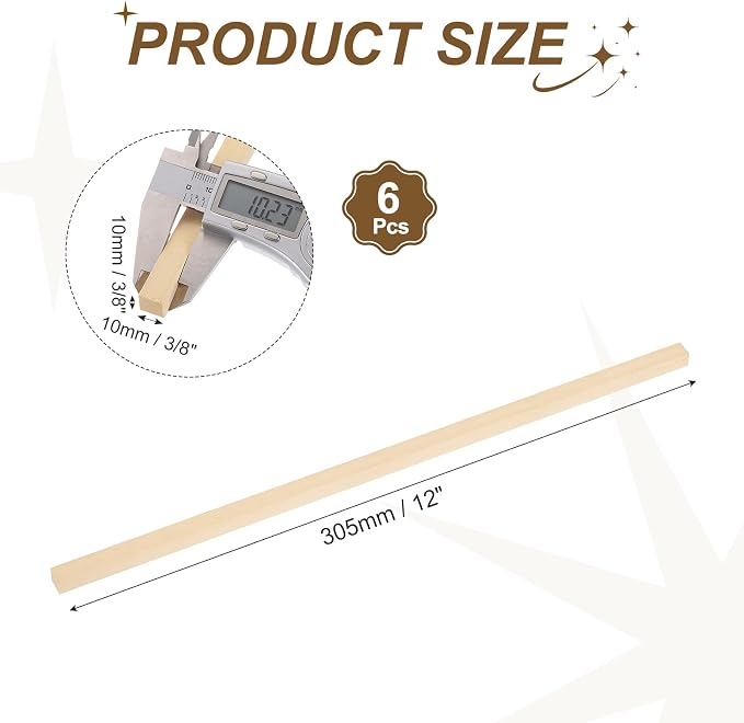 MECCANIXITY 6Pcs Basswood Sticks, 3/8" x 3/8" x 12" Square Wooden Dowel Rods