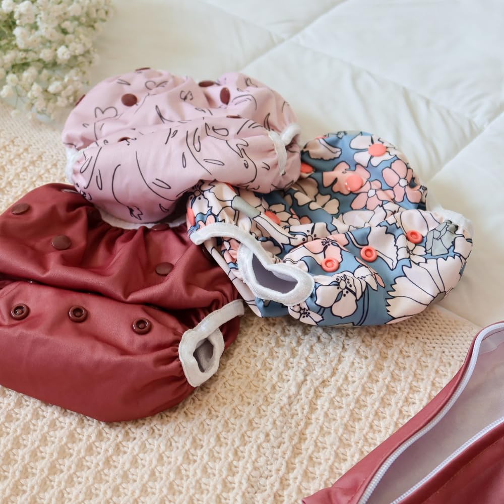 Nora's Nursery Reusable Swim Diapers and Wet Bag - One Size Fully Adjustable - Charleston Rose Unisex 3 Pack with Wet Bag