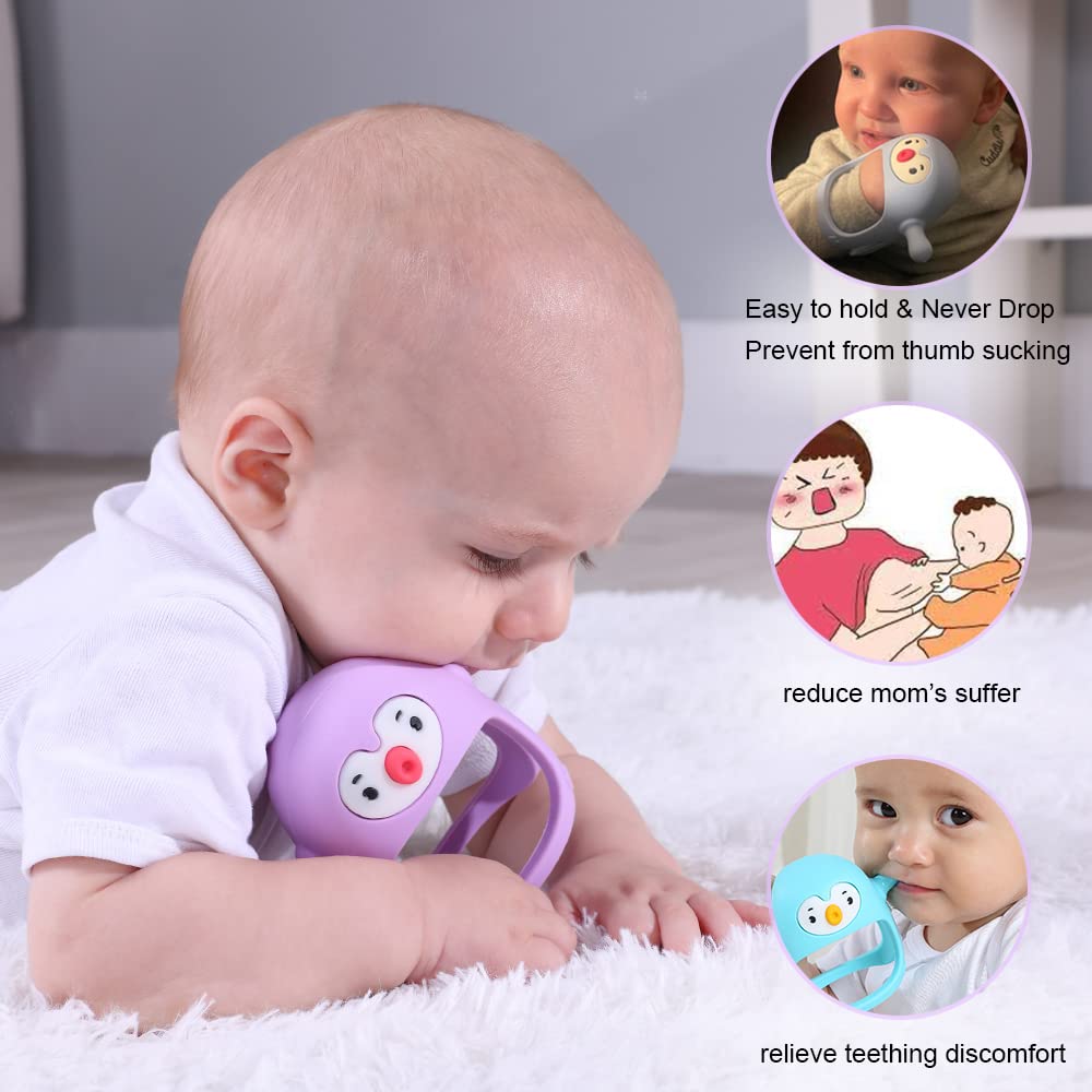 Smily Mia 2pack Penguin Teether for Babies 0-6Month, Infant Teething Toys,Pacifiers for Breastfed Babies, Silicone Teething Mittens for 3-6Months, Perfect Shower Gift+Baby Registry, Pink&Purple