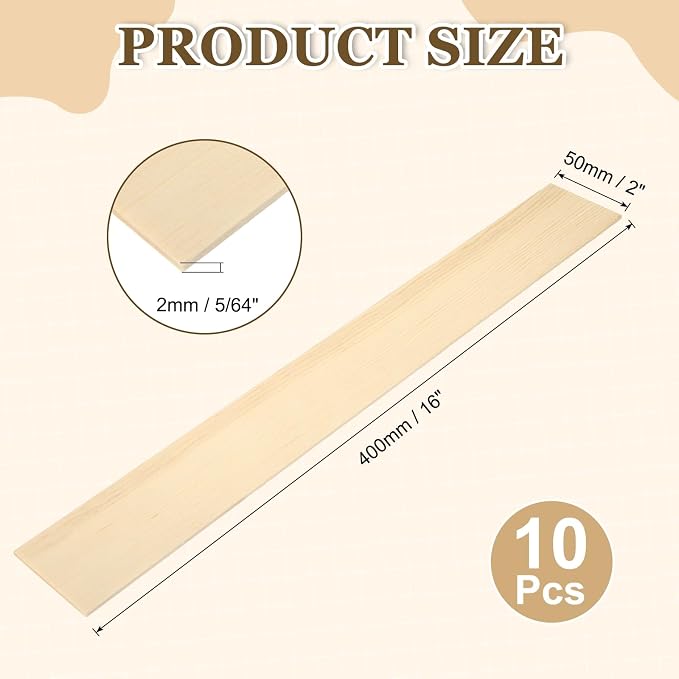MECCANIXITY 10Pcs Wood Strips Slats, 5/64" x 2" x 16" Thin Wood Sticks Flat
