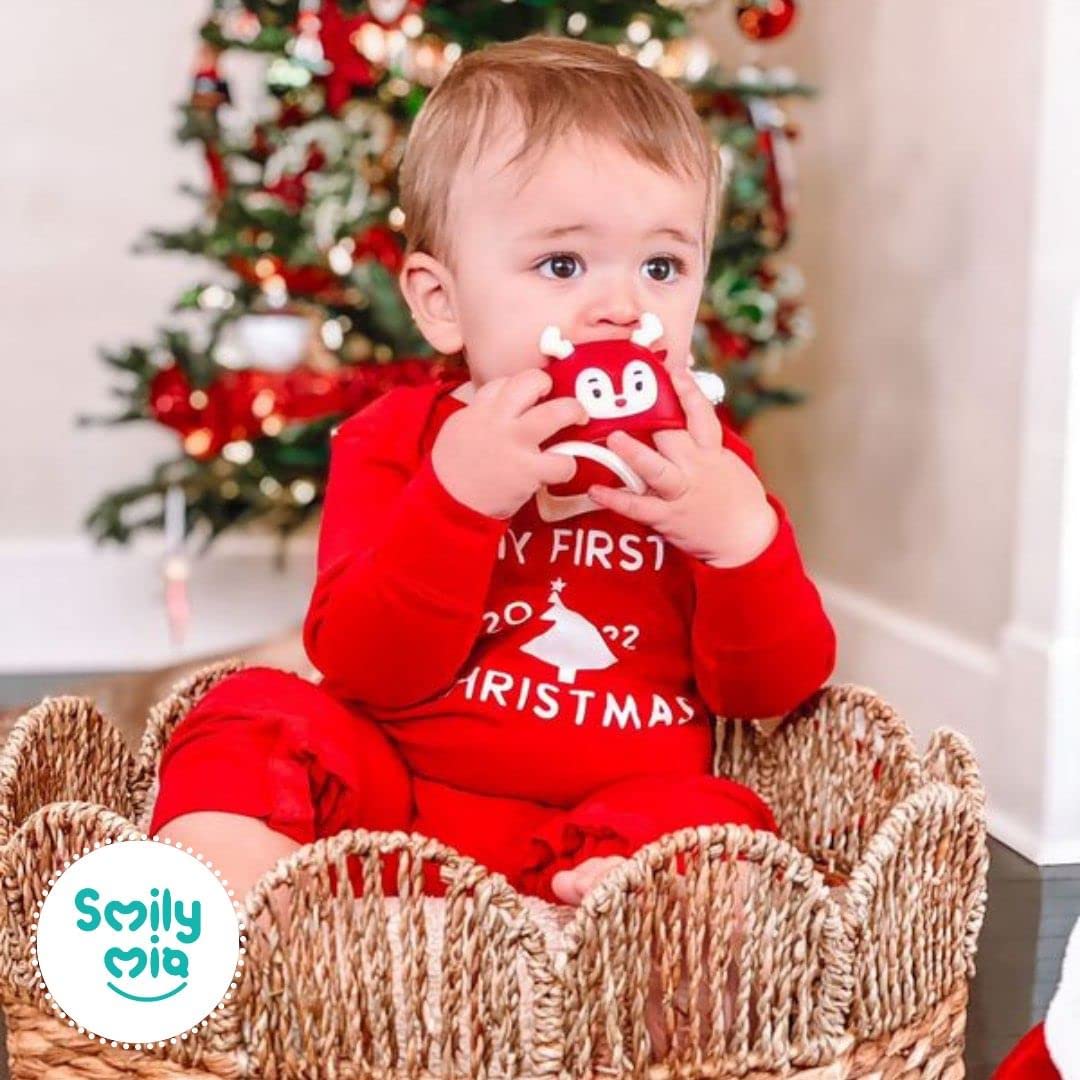 Baby Christmas Stocking Stuffers-Smily Mia Penguin Buddy and Reindeer 2 in 1 Christmas Gift/Toy Set for 0-12 Months Teething Babies, Teeting Mittens For Babies, Infant Christmas Gift Box-Christmas Red