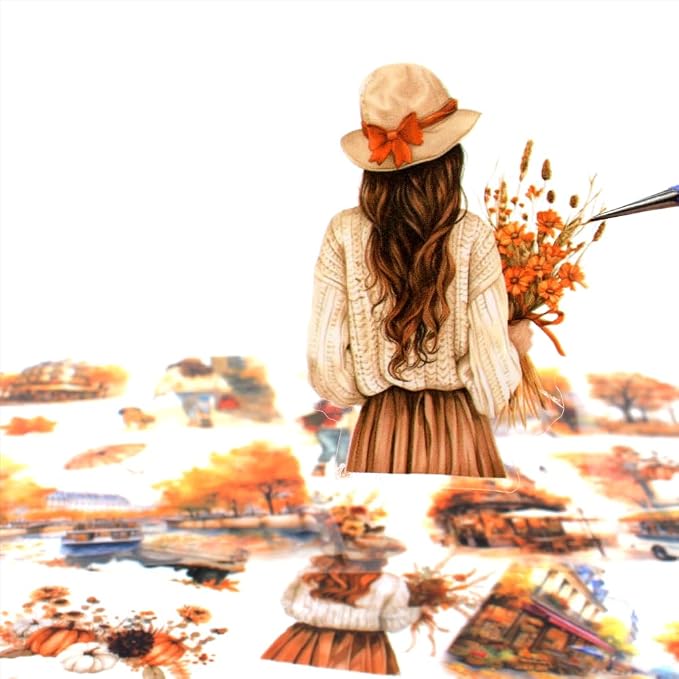 Fall Landscape Pre-Cut Autumn Journal Sticker Book, Transparent PET Watercolor
