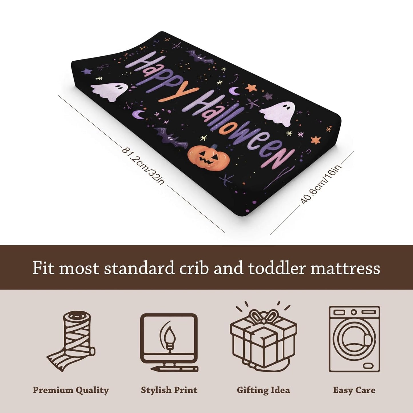 Halloween Pumpkin Bats Fall Holiday Moon Stars Pattern Baby Changing Pad Cover, Unisex Halloween Nursery Diaper Changing Table Pad Mat Sheet for Boys Girls-16x32