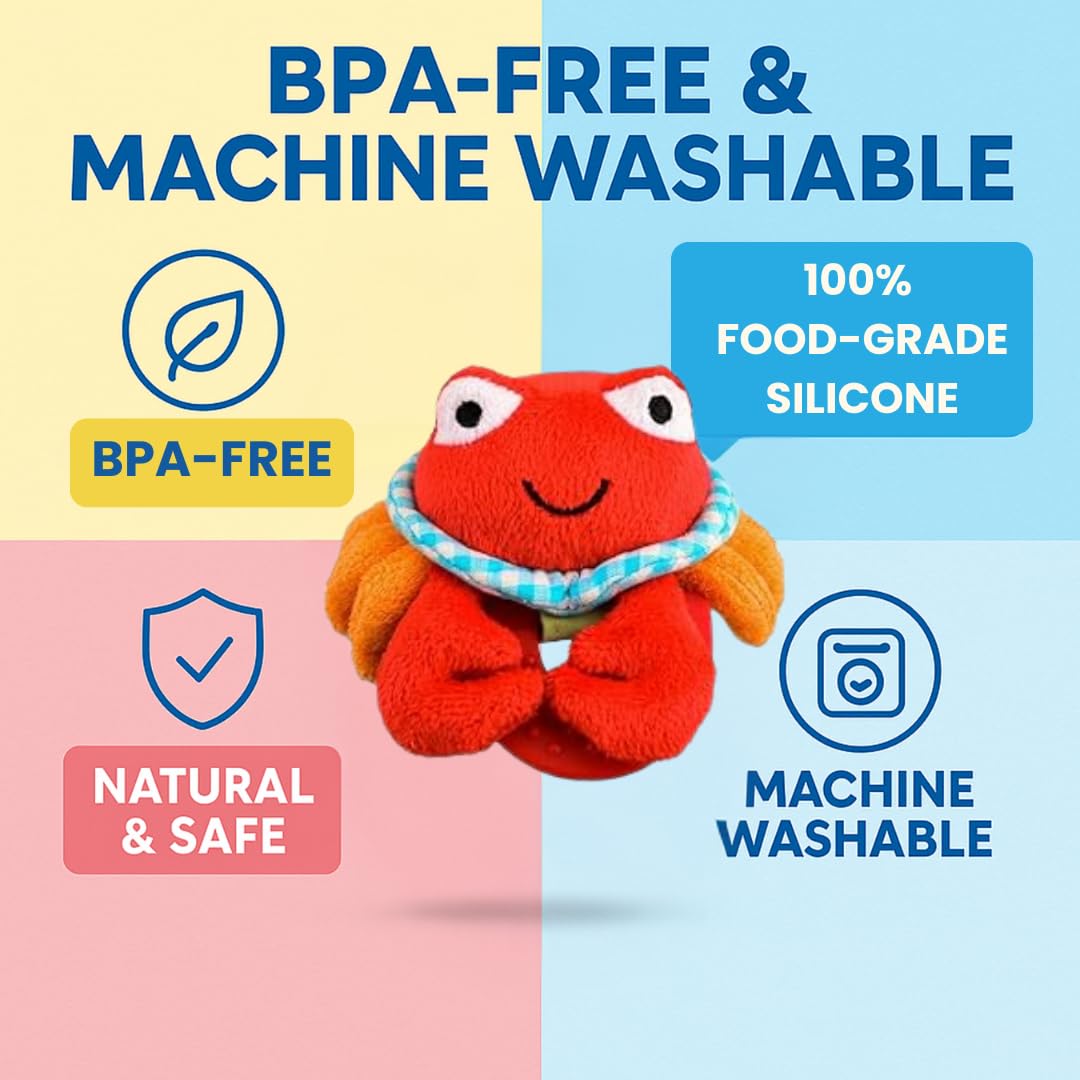 Wristy Buddy Teething Ring for Babies 0-6 8 10 12 Months | Cute Soft Crab Teething Toys & Gloves | Baby Teething Relief Toy Pack | Infant Chew Toys for 3-6 Months, 1 2 3 Years