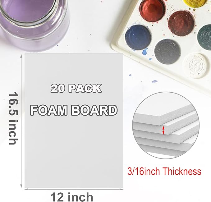20 Pack White Foam Boards 12x16.5 inch, 3/16" Thick Foam Core Board