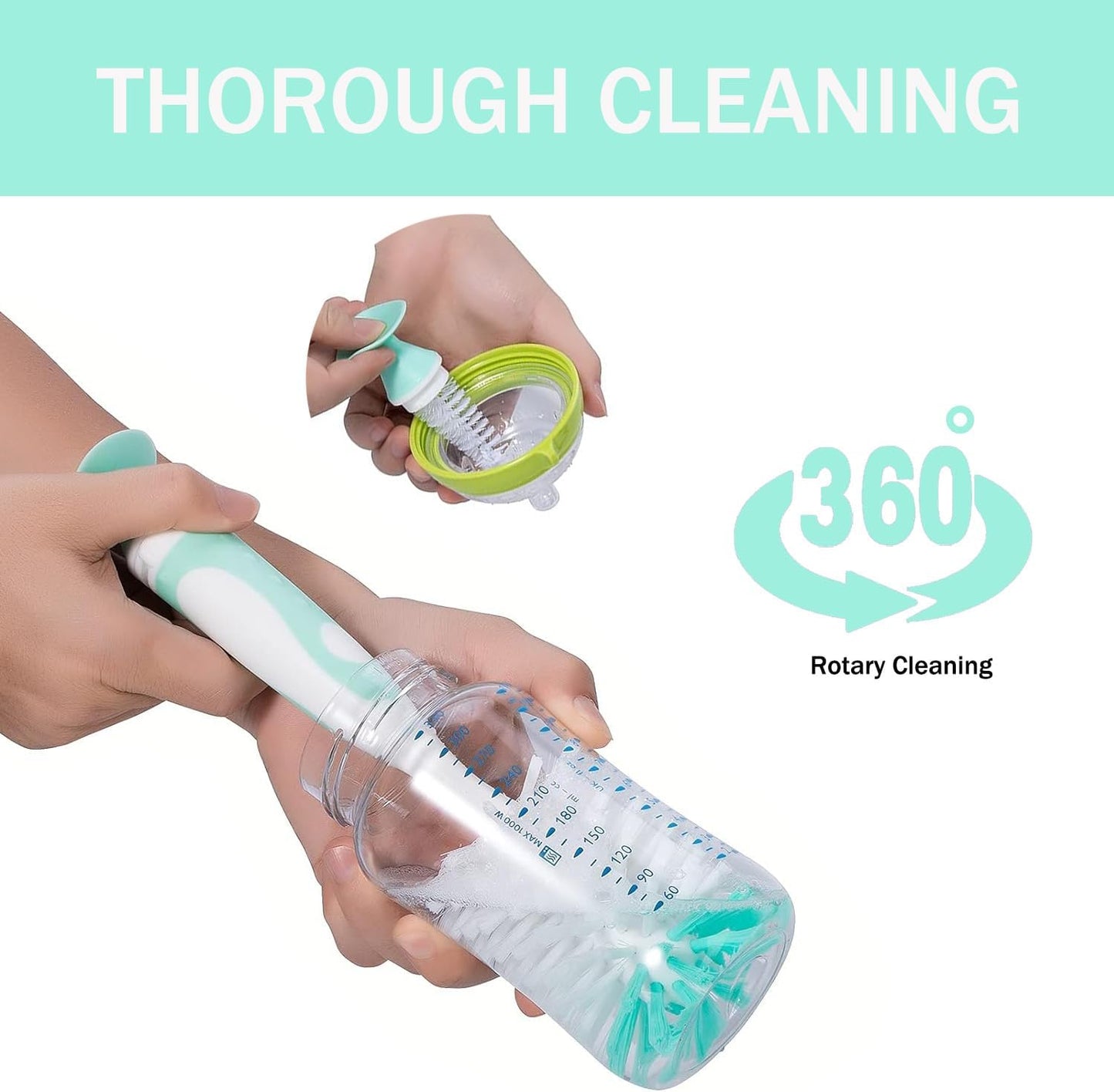 Baby Bottle Brush, 5 in 1 Bottle Cleaner Brush Set with Nylon and Silicone Bottle Brush, Straw Brush, Bottle Brush with Nipple Cleaner and Suction Cup, Cup Lid Cleaner Brushes Kit, BPA-Free (Green)